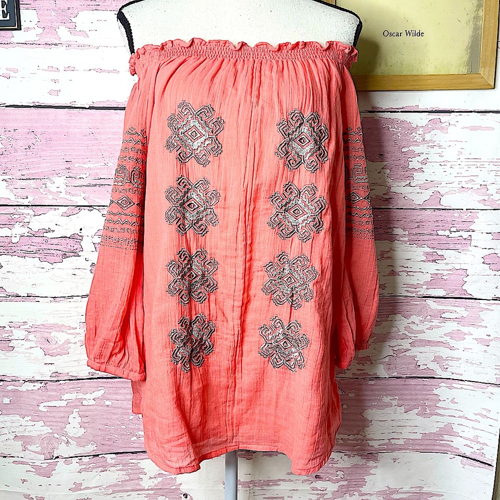 Coral Off-Shoulder Embroidered Peasant Top